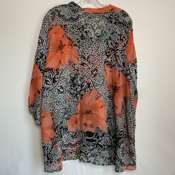 Bedford Fair Womens 2X Button Peach Orange Flower Semi Sheer 3/4 Sleeve Top - Picture 3 of 8